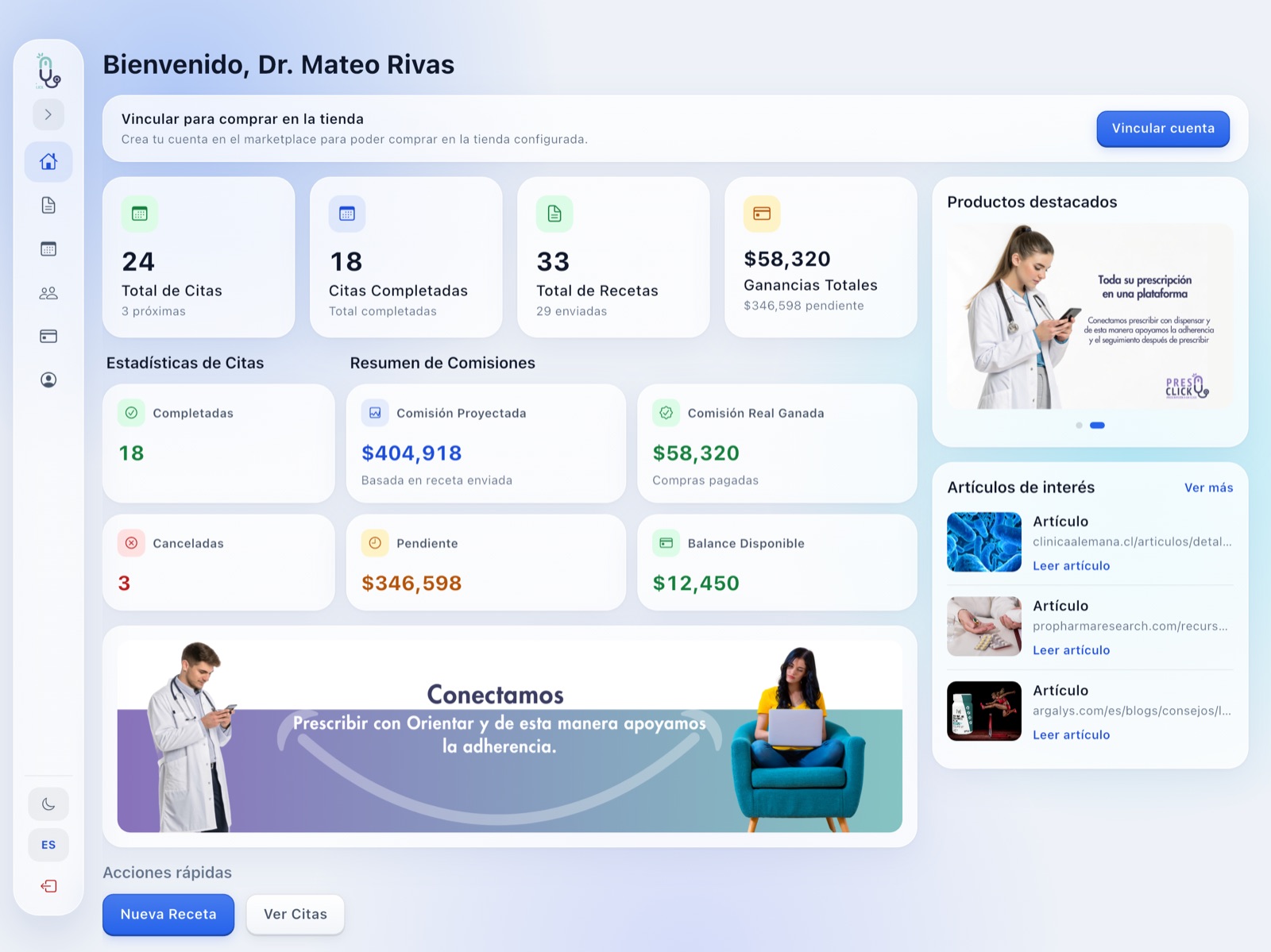 Dashboard de la app de tablet