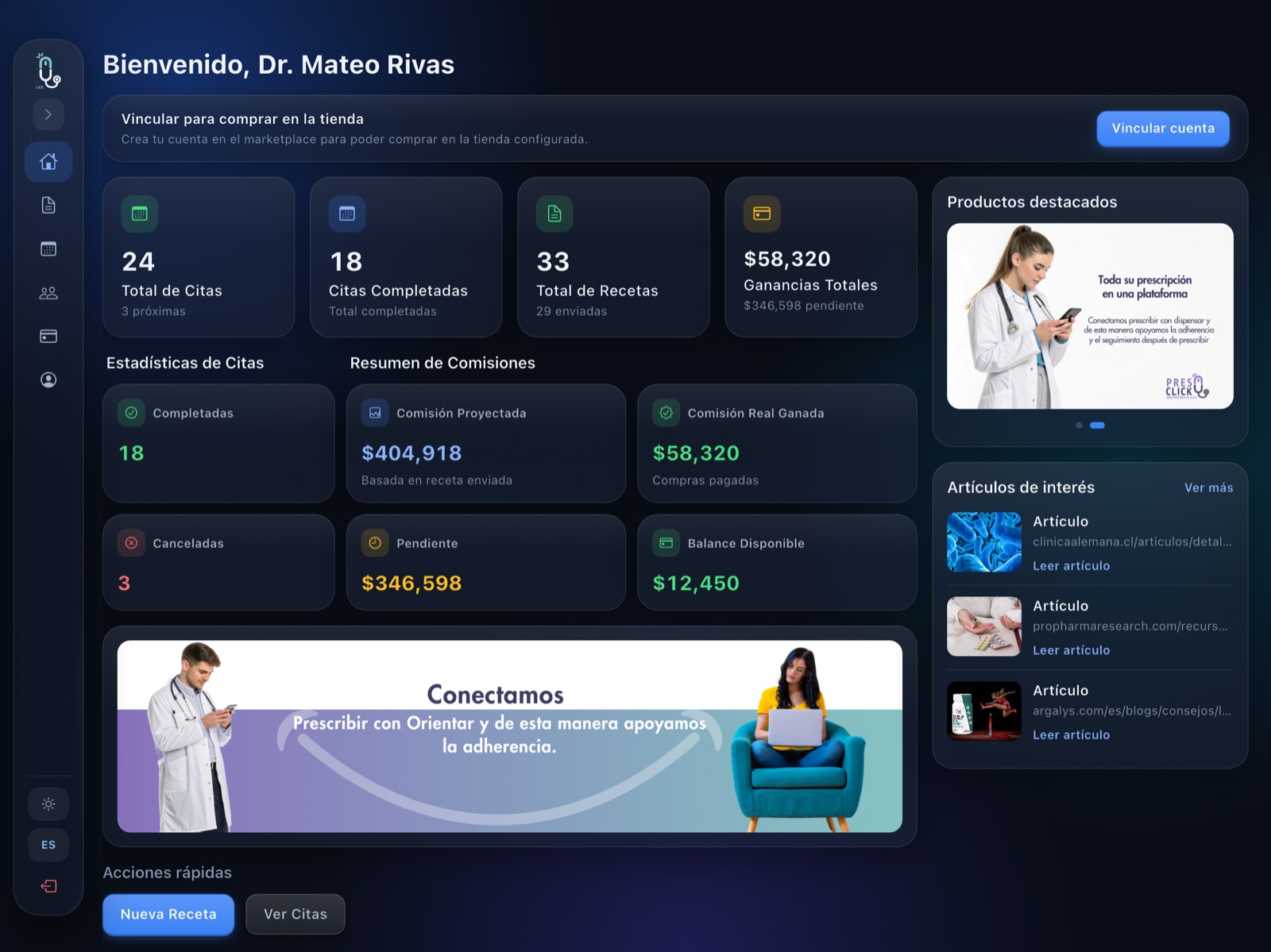Dashboard de la app de tablet