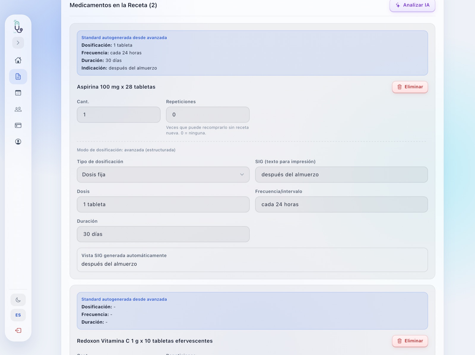 Dosificación debajo del catálogo en la app de tablet