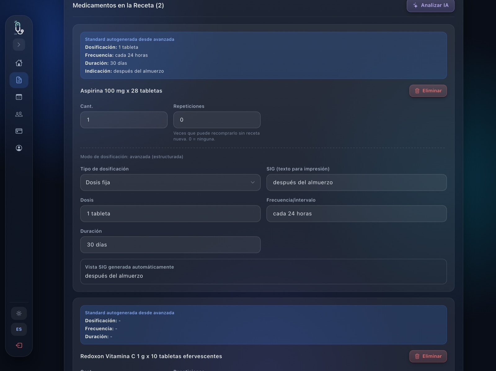 Dosificación debajo del catálogo en la app de tablet